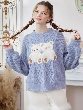 Cute Blue Teddy Bear Cable Knit Sweater